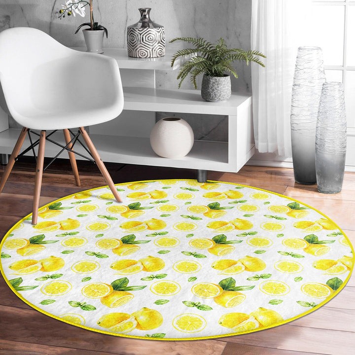 Lemon Round Rug|Non-Slip Round Carpet|Farmhouse Fresh Citrus Circle Rug|Floral Lemon with Green Leaves Area Rug|Housewarming Home Decor