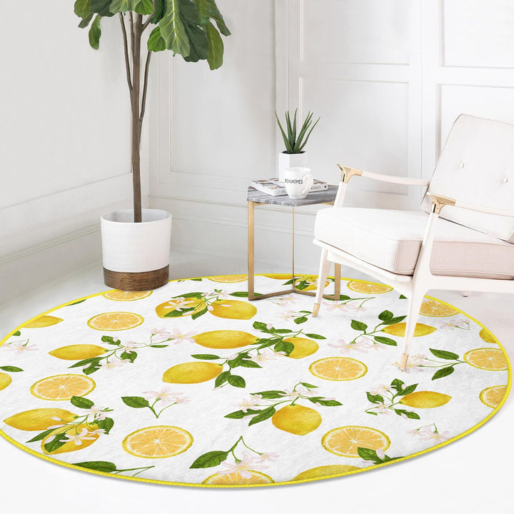 Lemon Round Rug|Non-Slip Round Carpet|Farmhouse Fresh Citrus Circle Rug|Floral Lemon with Green Leaves Area Rug|Housewarming Home Decor