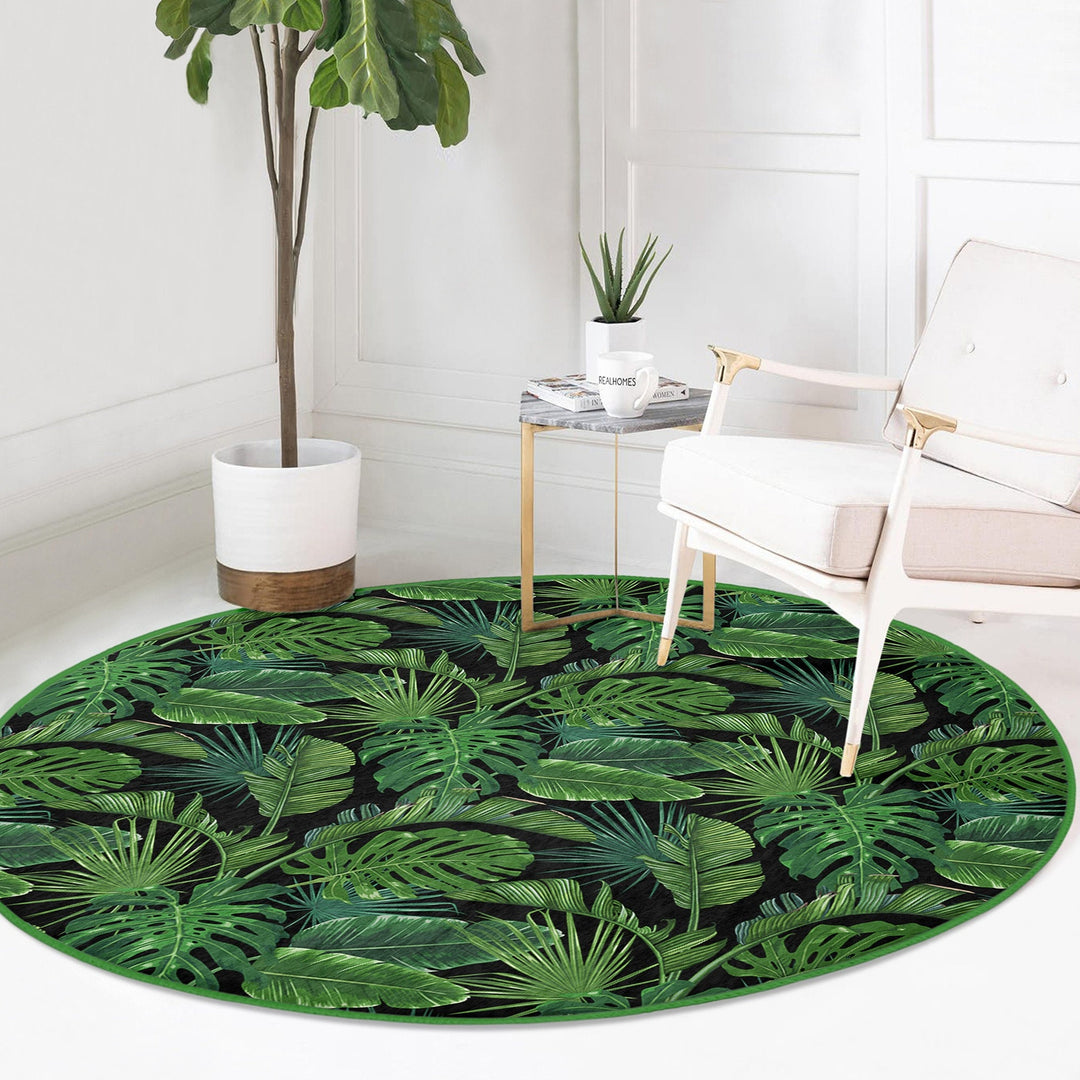 Tropical Plants Round Rug|Non-Slip Round Carpet|Farmhouse Green Leaves Circle Rug|Decorative Area Rug|Housewarming Green Black Floor Decor