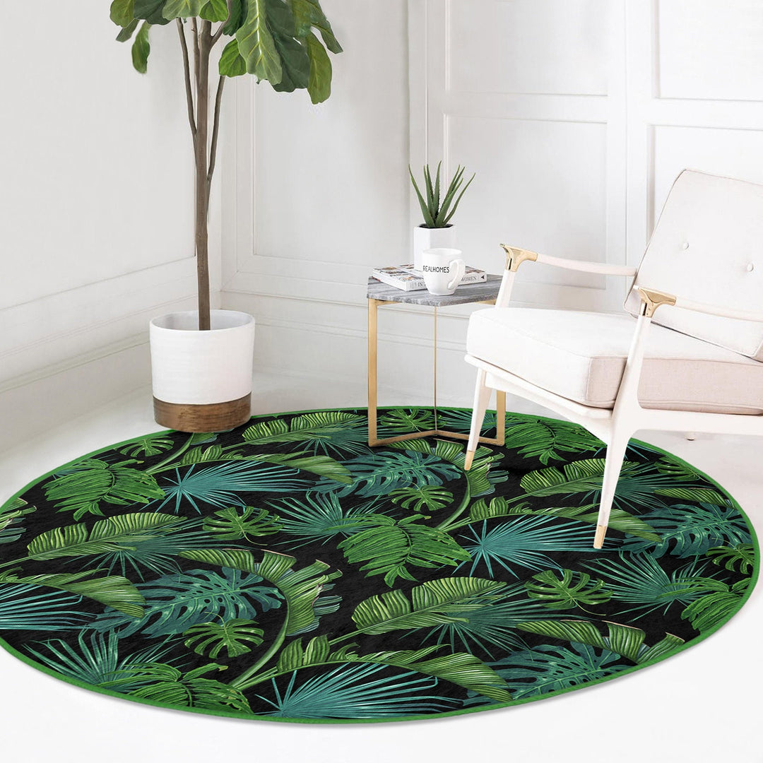 Tropical Plants Round Rug|Non-Slip Round Carpet|Farmhouse Green Leaves Circle Rug|Decorative Area Rug|Housewarming Green Black Floor Decor