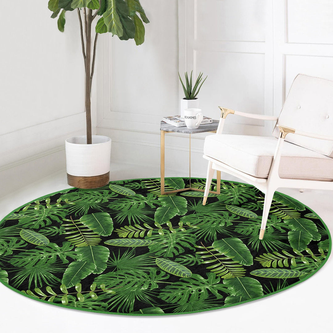 Tropical Plants Round Rug|Non-Slip Round Carpet|Farmhouse Green Leaves Circle Rug|Decorative Area Rug|Housewarming Green Black Floor Decor