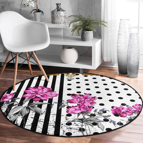 Floral Round Rug|Non-Slip Round Carpet|Flowers on Geometric Pattern Circle Carpet|Decorative Farmhouse Area Rug|Housewarming Floor Decor