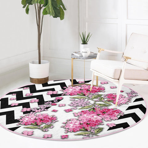 Floral Round Rug|Non-Slip Round Carpet|Flowers on Geometric Pattern Circle Carpet|Decorative Farmhouse Area Rug|Housewarming Floor Decor