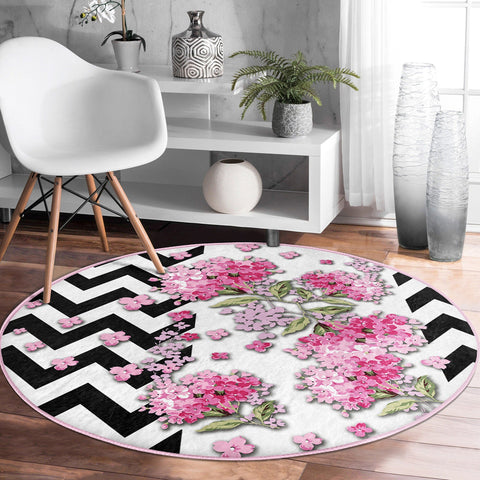 Floral Round Rug|Non-Slip Round Carpet|Flowers on Geometric Pattern Circle Carpet|Decorative Farmhouse Area Rug|Housewarming Floor Decor