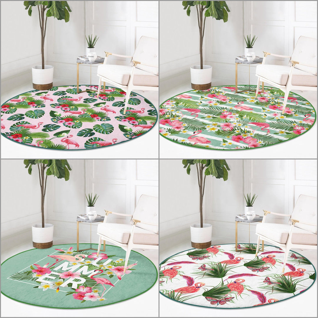 Flamingo Round Rug|Non-Slip Round Carpet|Floral Flamingo and Tropical Leaves Circle Carpet|Decorative Farmhouse Area Rug|Summer Trend Decor