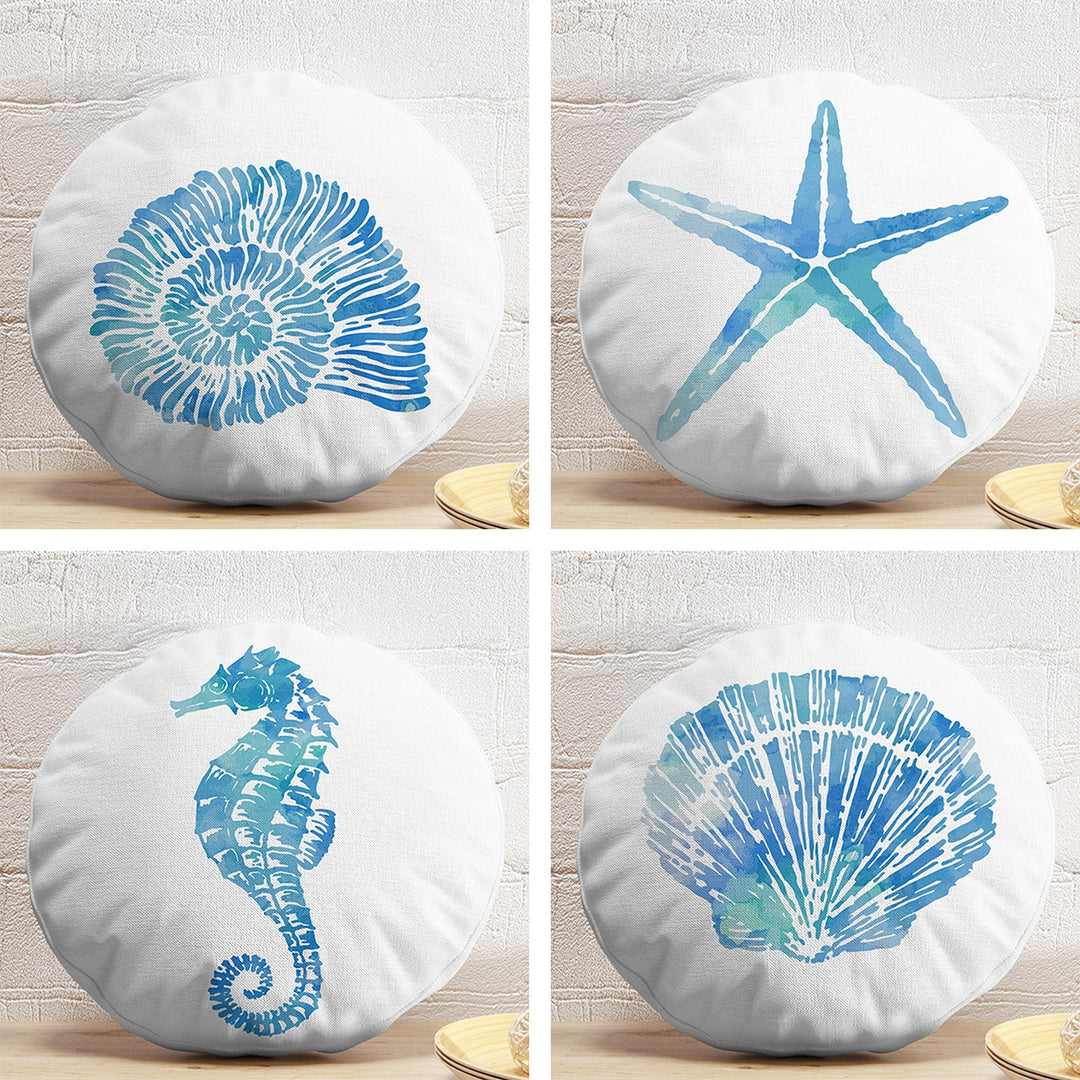 Set of 4 Beach House Round Pillow Case|Seashell Starfish Seahorse Oyster Print Circle Pillow Cover|Summer Trend Nautical Round Cushion Cover