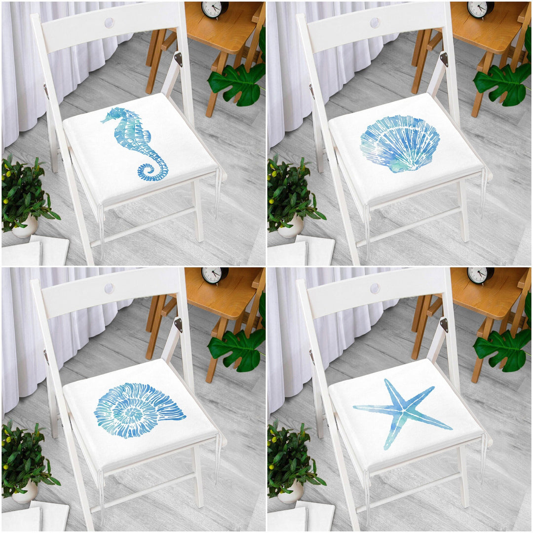 Beach House Chair Cushion|Seahorse Coral Seat Pad with Zip and Ties|Summer Trend Seashell Starfish Chair Pad|Coastal Outdoor Seat Cushion