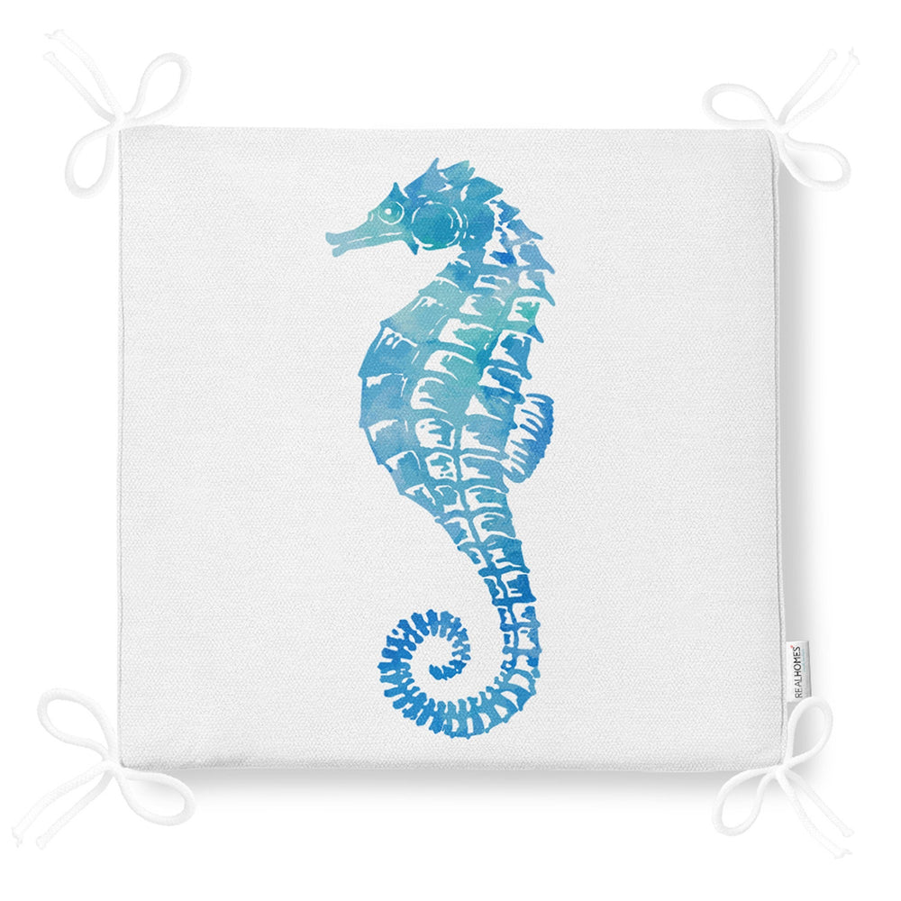 Beach House Chair Cushion|Seahorse Coral Seat Pad with Zip and Ties|Summer Trend Seashell Starfish Chair Pad|Coastal Outdoor Seat Cushion