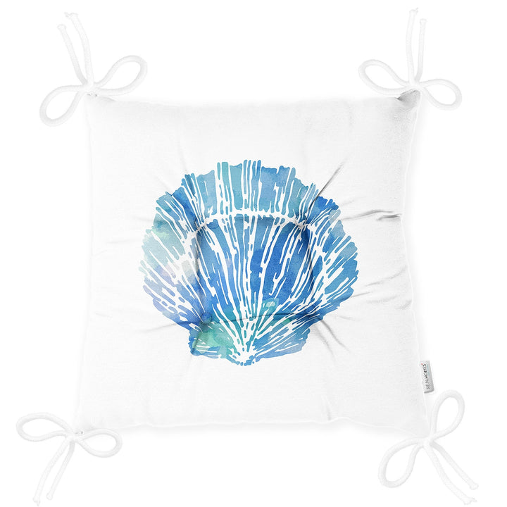 Puffy Chair Cushion|Nautical Seahorse Coral Seat Pad with Ties|Summer Trend Seashell Starfish Soft Chair Pad|Coastal Outdoor Seat Cushion