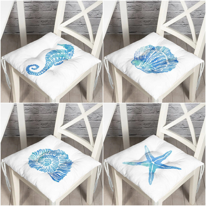 Puffy Chair Cushion|Nautical Seahorse Coral Seat Pad with Ties|Summer Trend Seashell Starfish Soft Chair Pad|Coastal Outdoor Seat Cushion