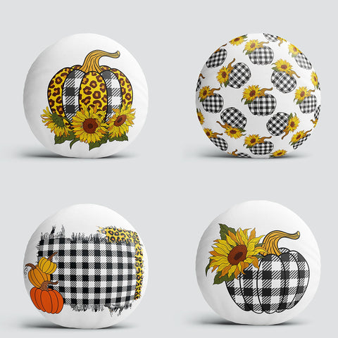 Set of 4 Fall Trend Round Pillow Case|Checkered Pumpkin Circle Pillow Top|Sunflower Autumn Cushion Cover|Plaid Pumpkin Outdoor Cushion Case