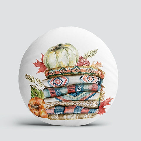 Set of 4 Fall Trend Round Pillow Case|Floral Pumpkin Print Circle Pillowtop|Decorative Autumn Cushion Cover|Orange Green Pumpkin with Leaves