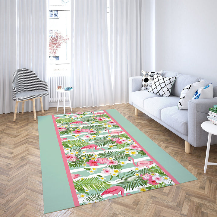 Floral Flamingo Rectangle Rug|Non-Slip Carpet|Geometric 3D Design Carpet|Decorative Area Rug|Tropical Leaves Multi-Purpose Anti-Slip Rug