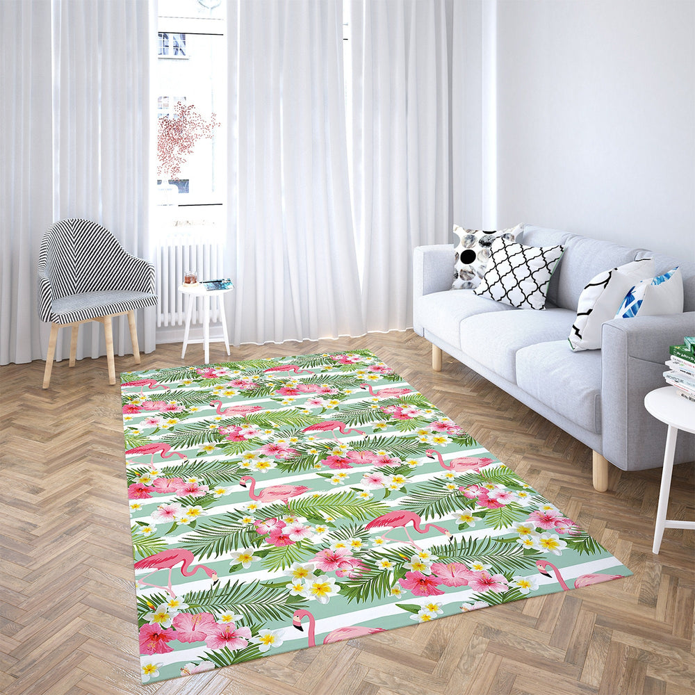 Floral Flamingo Rectangle Rug|Non-Slip Carpet|Geometric 3D Design Carpet|Decorative Area Rug|Tropical Leaves Multi-Purpose Anti-Slip Rug