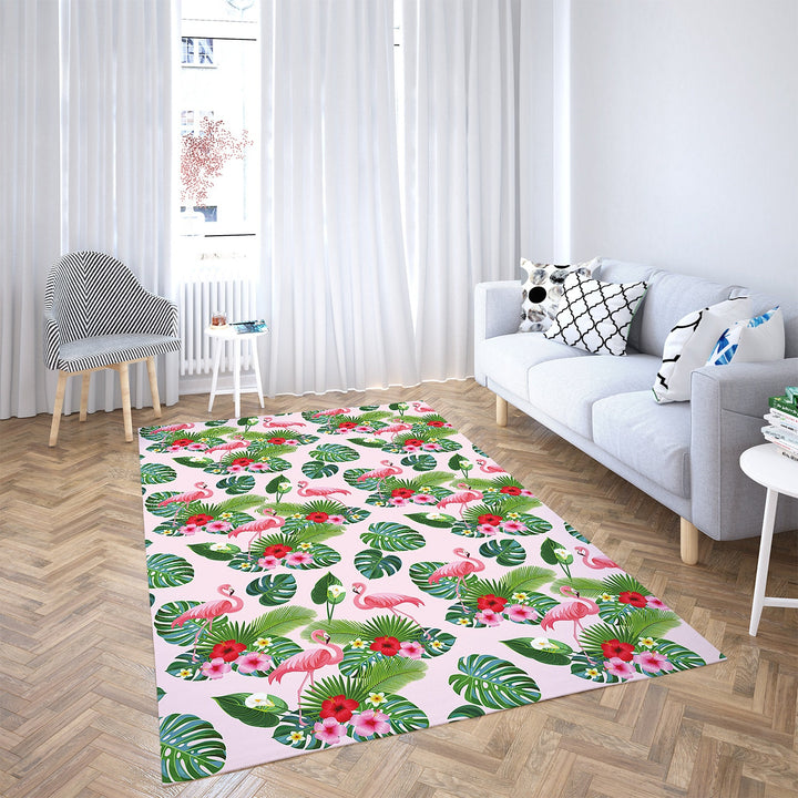 Floral Flamingo Rectangle Rug|Non-Slip Carpet|Geometric 3D Design Carpet|Decorative Area Rug|Tropical Leaves Multi-Purpose Anti-Slip Rug