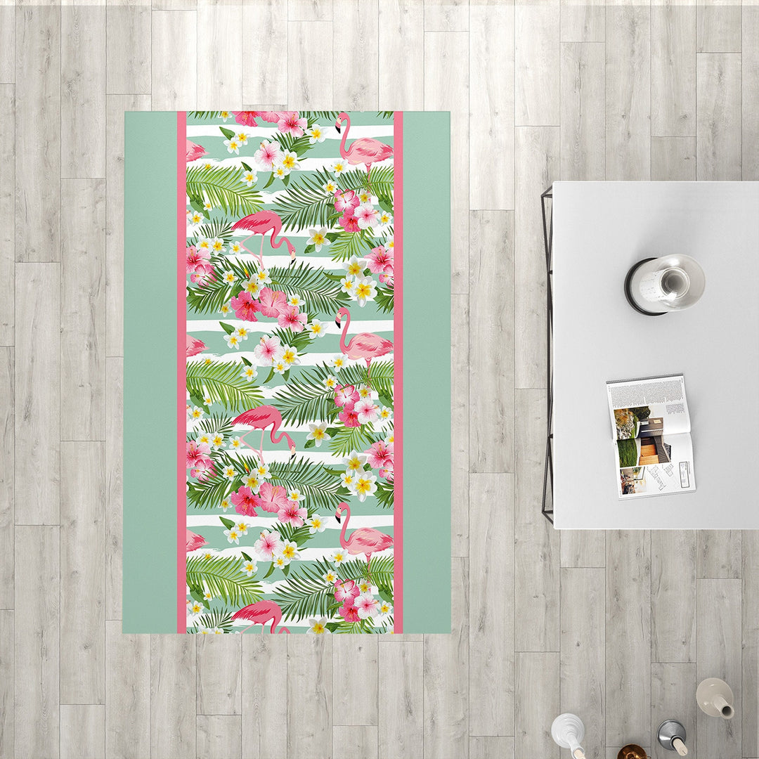 Floral Flamingo Rectangle Rug|Non-Slip Carpet|Geometric 3D Design Carpet|Decorative Area Rug|Tropical Leaves Multi-Purpose Anti-Slip Rug