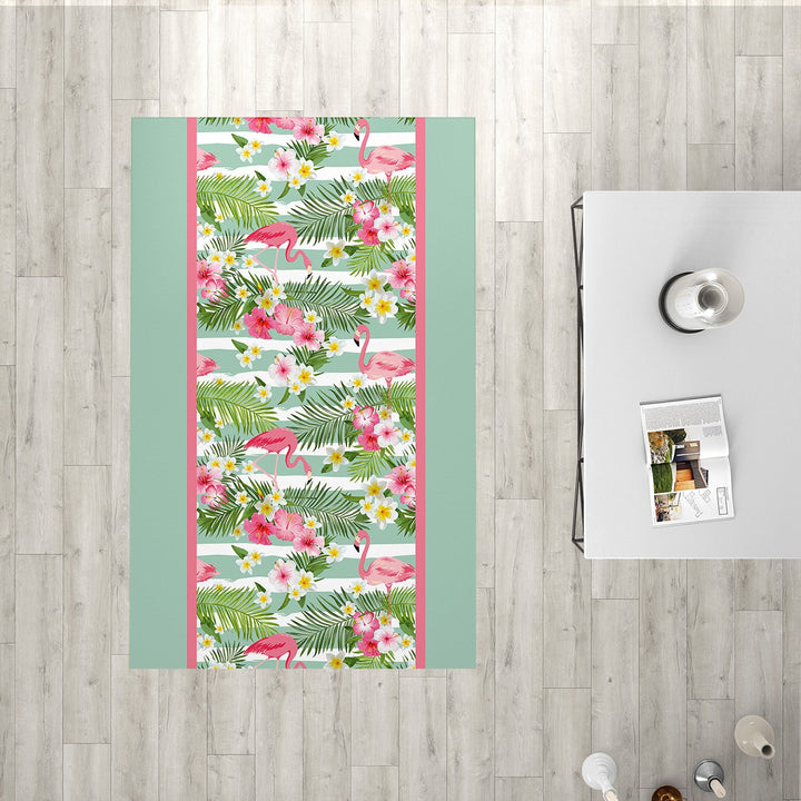 Floral Flamingo Rectangle Rug|Non-Slip Carpet|Geometric 3D Design Carpet|Decorative Area Rug|Tropical Leaves Multi-Purpose Anti-Slip Rug