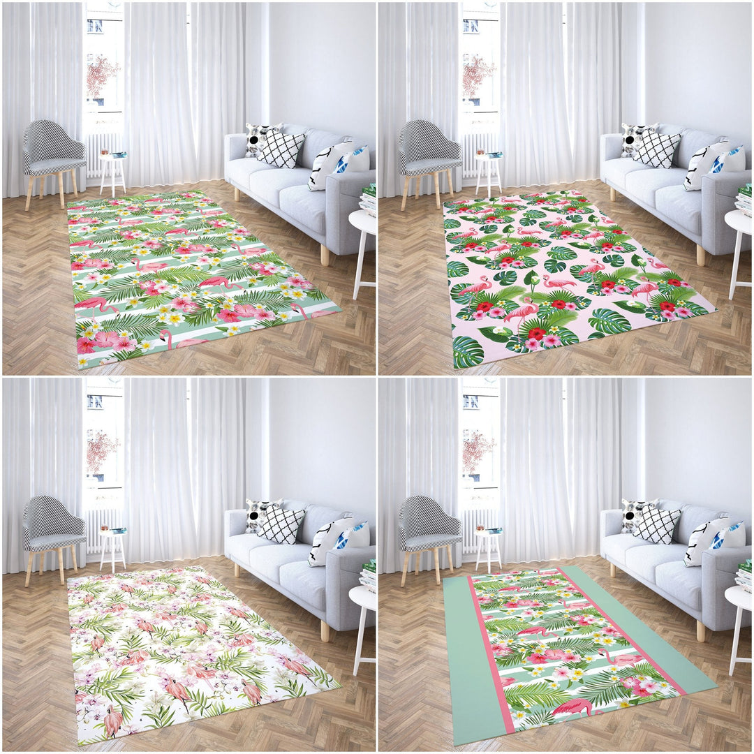 Floral Flamingo Rectangle Rug|Non-Slip Carpet|Geometric 3D Design Carpet|Decorative Area Rug|Tropical Leaves Multi-Purpose Anti-Slip Rug