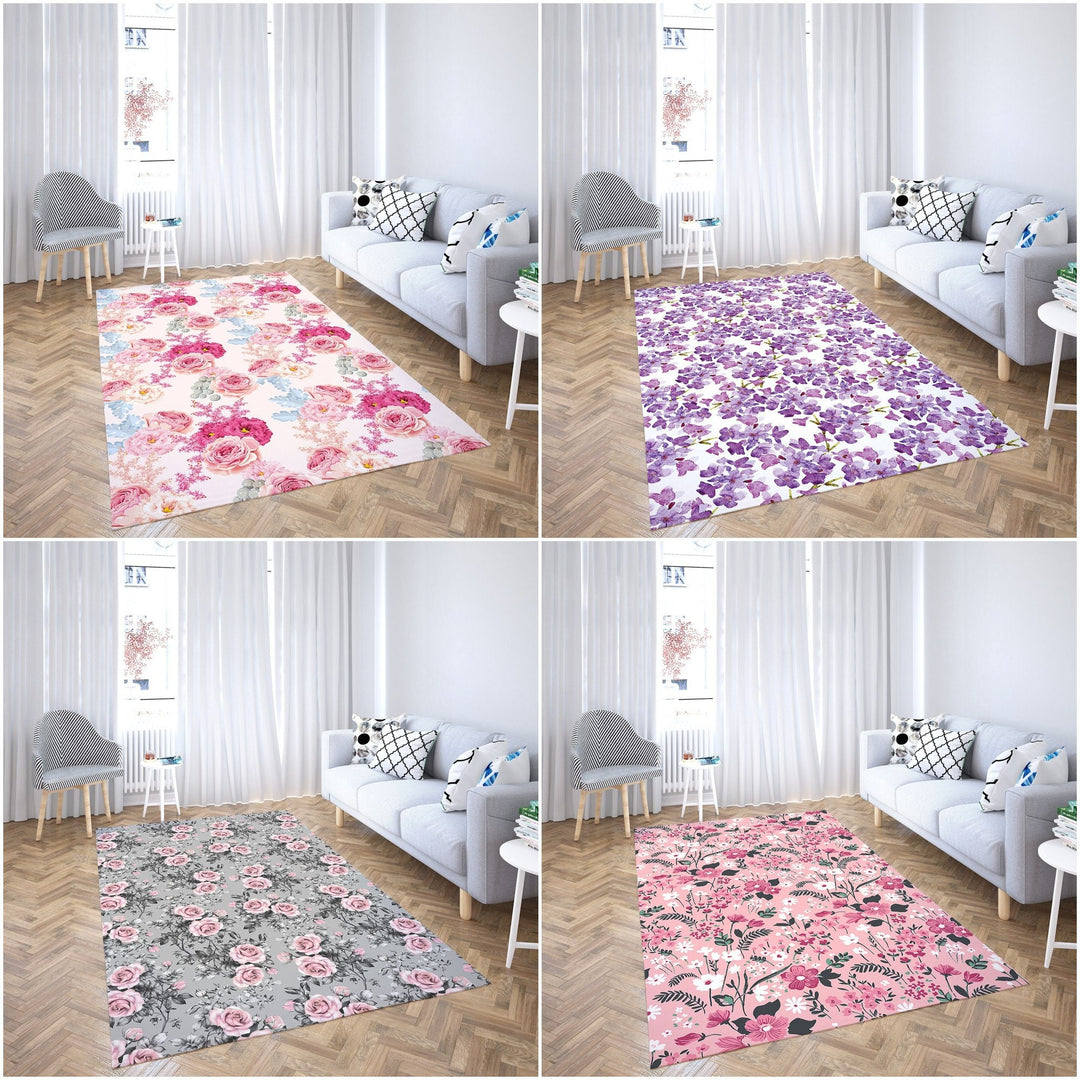 Floral Rectangle Rug|Non-Slip Carpet|Geometric 3D Design Carpet|Decorative Area Rug|Purple and Pink Flower Print Multi-Purpose Anti-Slip Rug