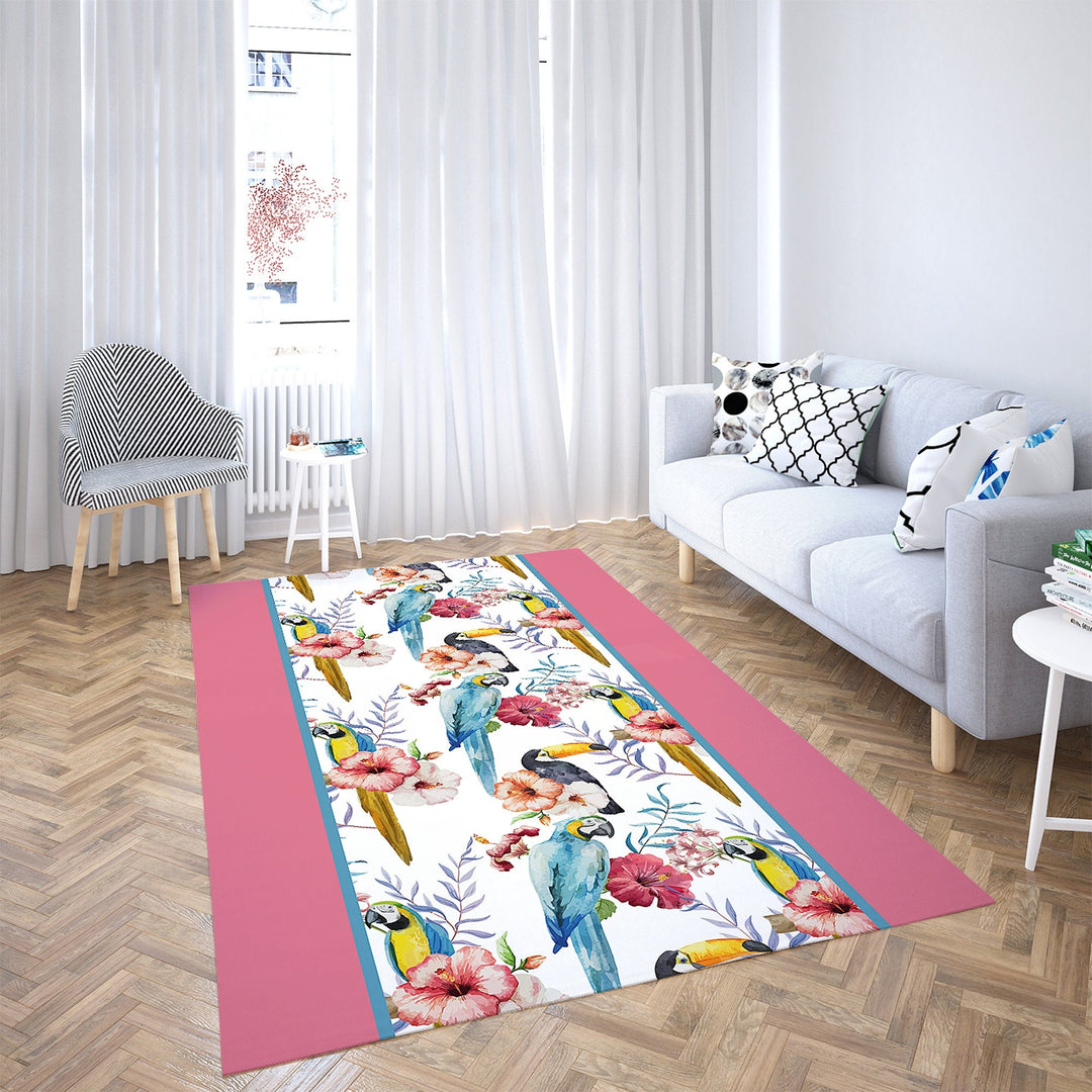 Floral Parrot Rectangle Rug|Non-Slip Carpet|Geometric 3D Design Carpet|Decorative Area Rug|Bird and Flower Print Multi-Purpose Anti-Slip Rug