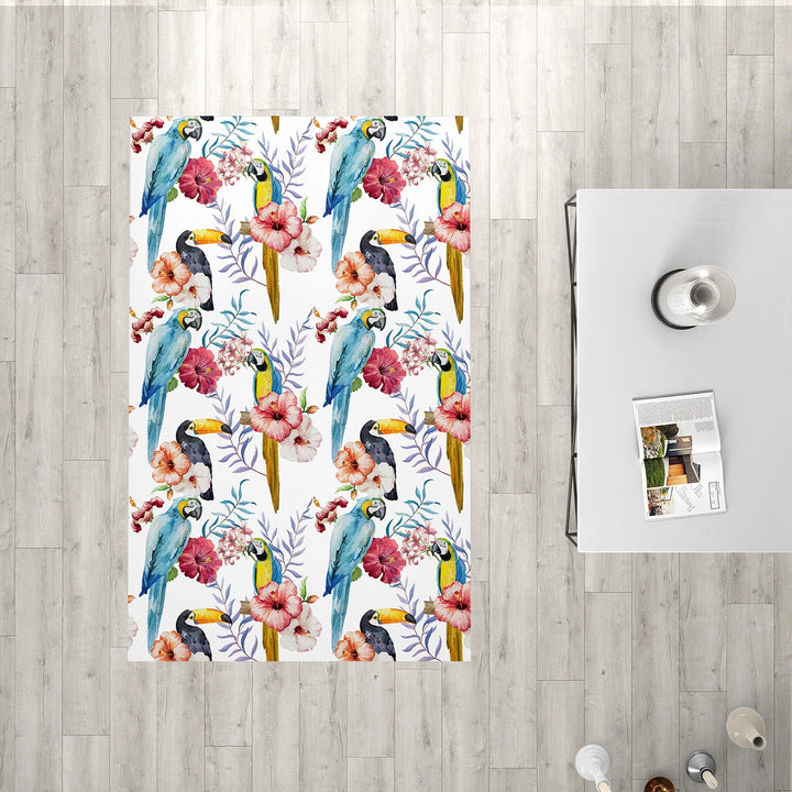 Floral Parrot Rectangle Rug|Non-Slip Carpet|Geometric 3D Design Carpet|Decorative Area Rug|Bird and Flower Print Multi-Purpose Anti-Slip Rug