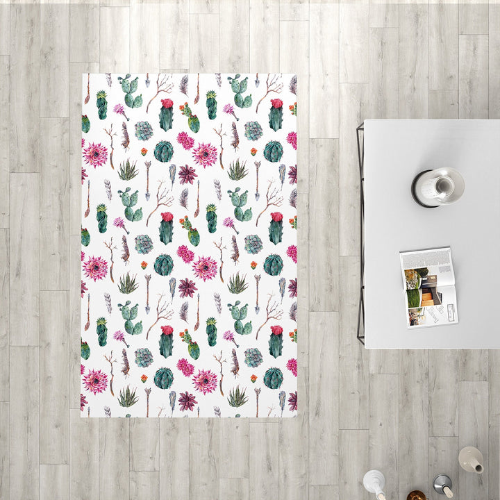 Floral Green Cactus Rectangle Rug|Non-Slip Carpet|Geometric 3D Design Carpet|Decorative Area Rug|Succulent Print Multi-Purpose Anti-Slip Rug