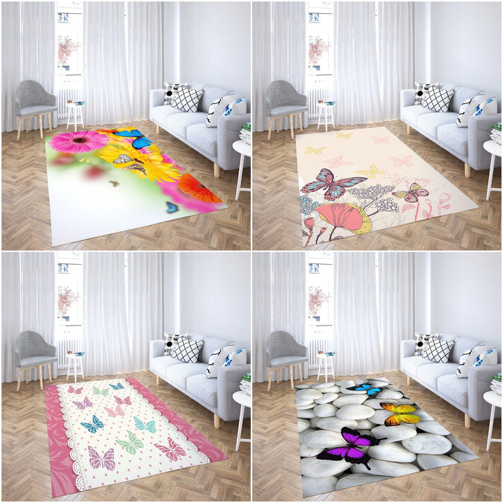 Floral Butterfly Rectangle Rug|Non-Slip Carpet|Farmhouse 3D Design Carpet|Decorative Area Rug|Colorful Butterfly Multi-Purpose Anti-Slip Rug