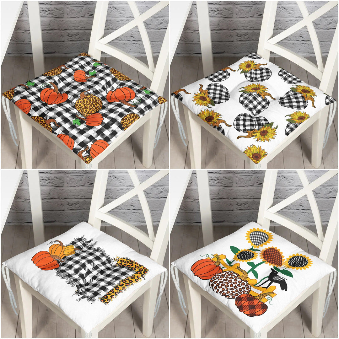 Puffy Chair Cushion|Fall Trend Seat Pad with Ties|Checkered Pumpkin Sunflower Soft Chair Pad|Housewarming Autumn Outdoor Square Seat Cushion