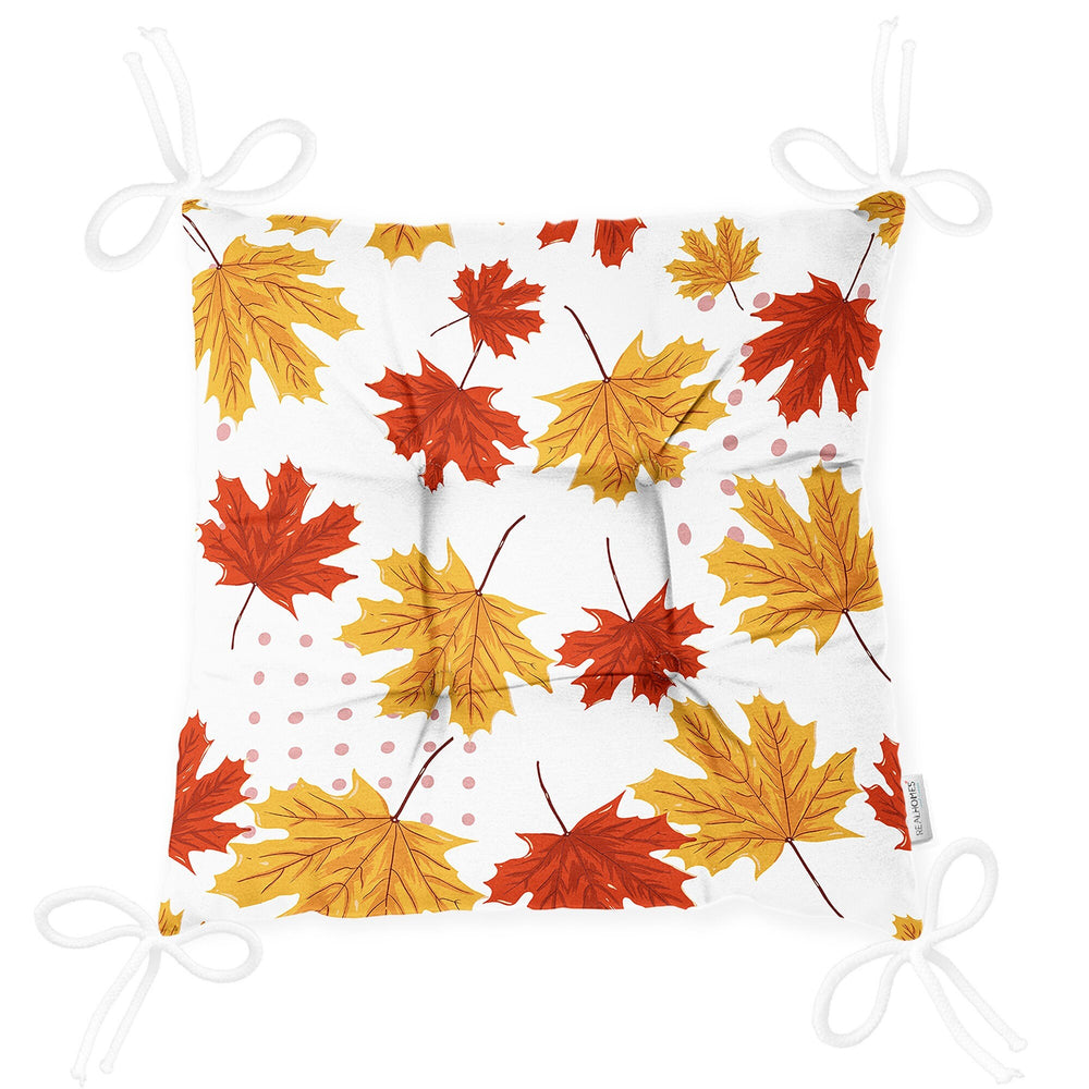 Puffy Chair Cushion|Fall Trend Seat Pad with Ties|Dry Leaves Print Farmhouse Soft Chair Pad|Housewarming Autumn Outdoor Square Seat Cushion