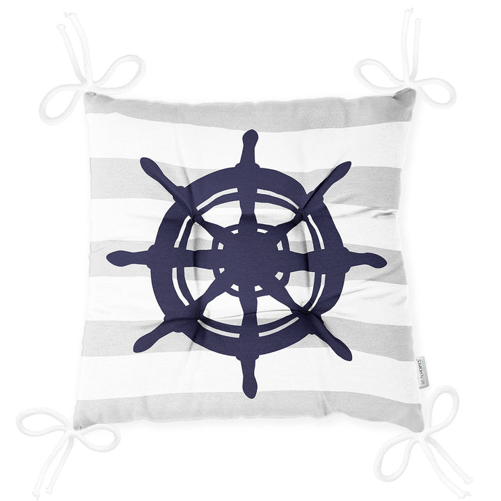 Puffy Chair Cushion|Nautical Navy Blue Seat Pad with Ties|Anchor Wheel Compass and Sailing Boat Soft Chair Pad|Coastal Outdoor Seat Cushion