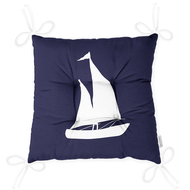 Puffy Chair Cushion|Nautical Navy Blue Seat Pad with Ties|Anchor Wheel Compass and Sailing Boat Soft Chair Pad|Coastal Outdoor Seat Cushion