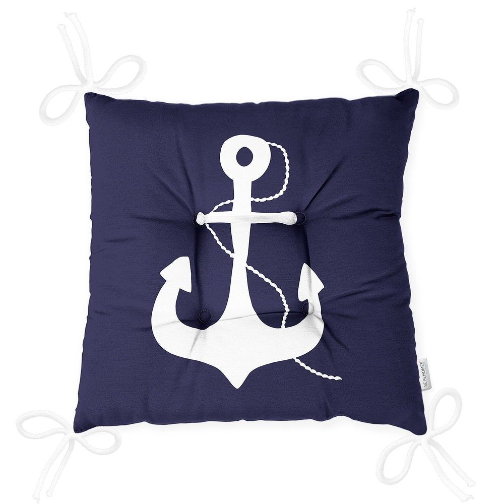 Puffy Chair Cushion|Nautical Navy Blue Seat Pad with Ties|Anchor Wheel Compass and Sailing Boat Soft Chair Pad|Coastal Outdoor Seat Cushion