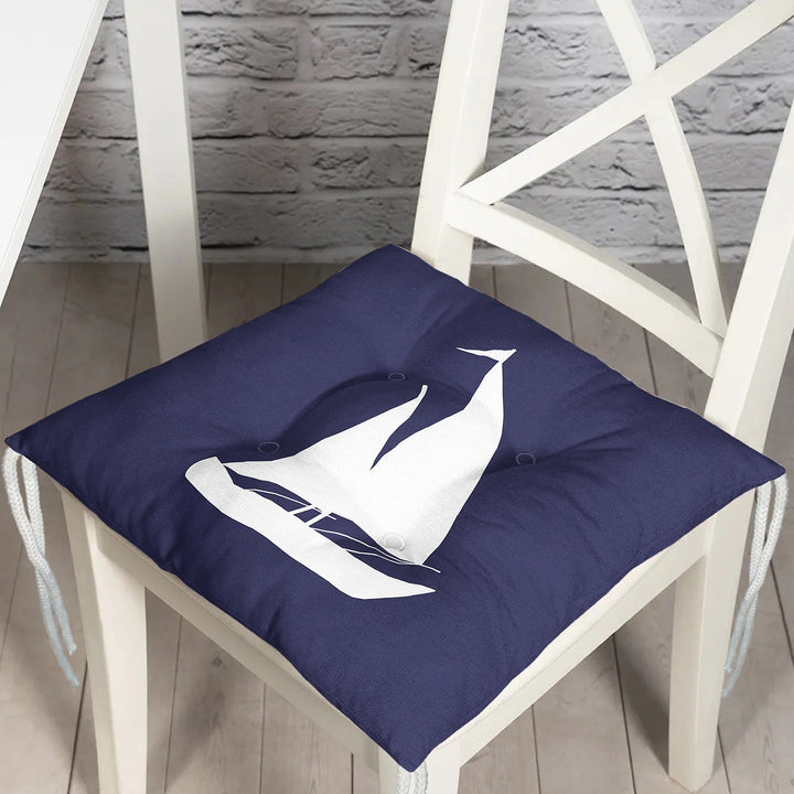 Puffy Chair Cushion|Nautical Navy Blue Seat Pad with Ties|Anchor Wheel Compass and Sailing Boat Soft Chair Pad|Coastal Outdoor Seat Cushion