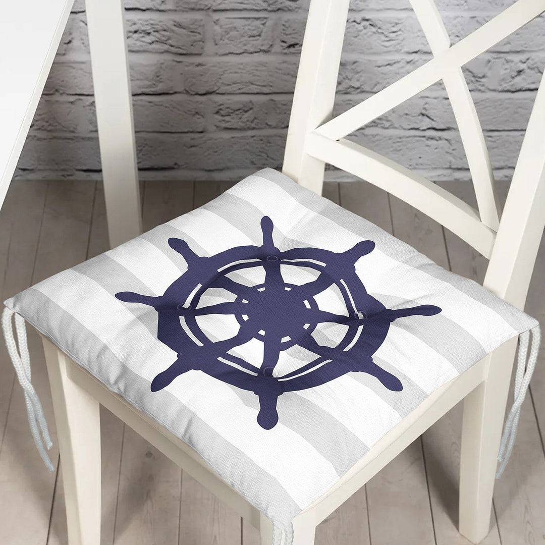 Puffy Chair Cushion|Nautical Navy Blue Seat Pad with Ties|Anchor Wheel Compass and Sailing Boat Soft Chair Pad|Coastal Outdoor Seat Cushion