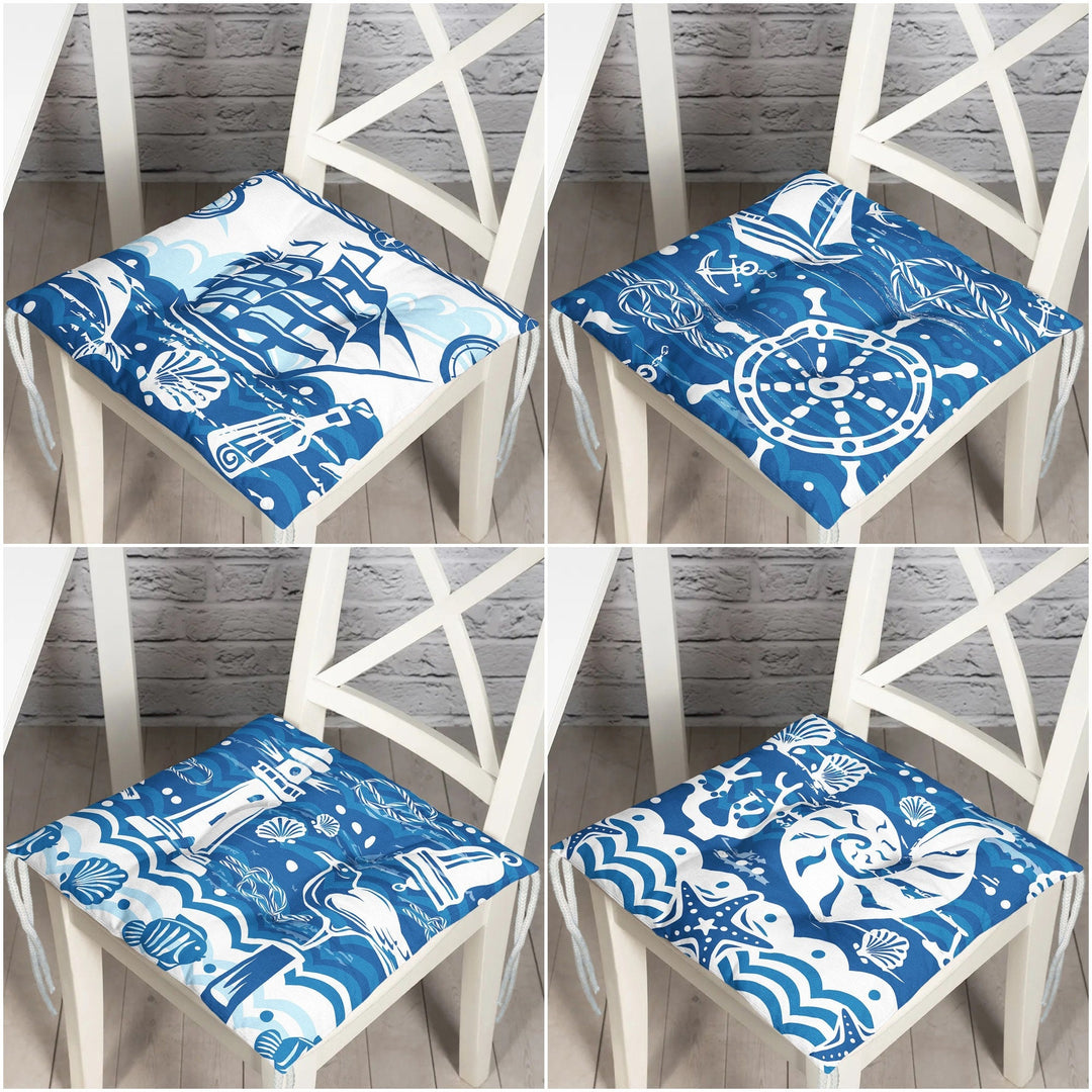 Puffy Chair Cushion|Nautical Blue White Seat Pad with Ties|Sailing Ship Wheel Lighthouse Seashell Soft Chair Pad|Coastal Outdoor Table Decor