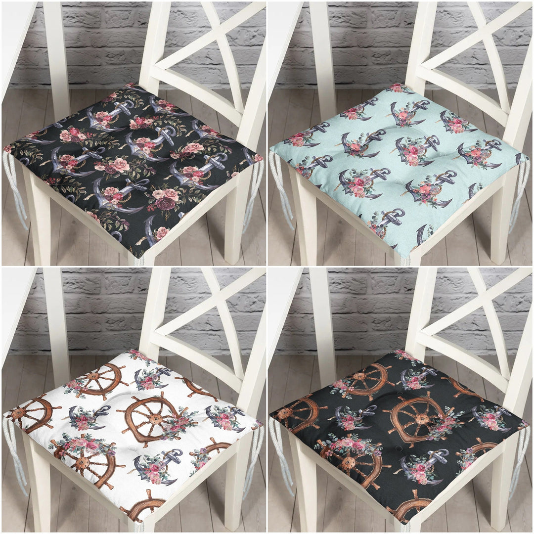 Puffy Chair Cushion|Nautical Seat Pad with Ties|Floral Anchor Wheel Soft Chair Pad|Coastal Outdoor Seat Cushion|Beach House Kitchen Decor