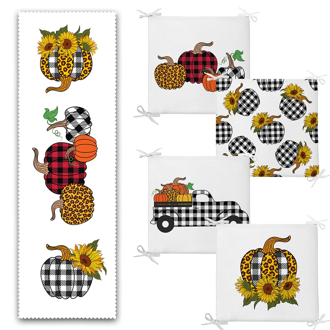 Set of 4 Fall Trend Chair Pads and 1 Table Runner|Black White Checkered Pumpkin Chair Cushion Tabletop Set|Autumn Seat Pad and Tablecloth