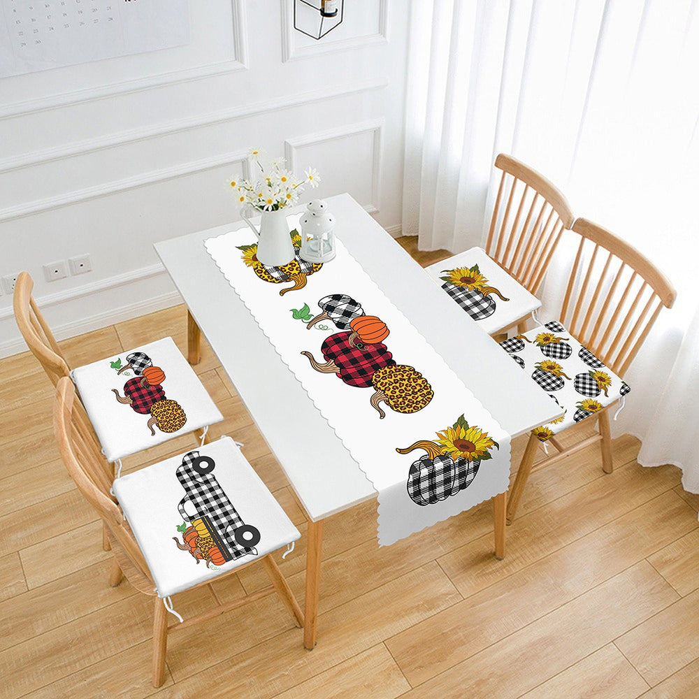 Set of 4 Fall Trend Chair Pads and 1 Table Runner|Black White Checkered Pumpkin Chair Cushion Tabletop Set|Autumn Seat Pad and Tablecloth