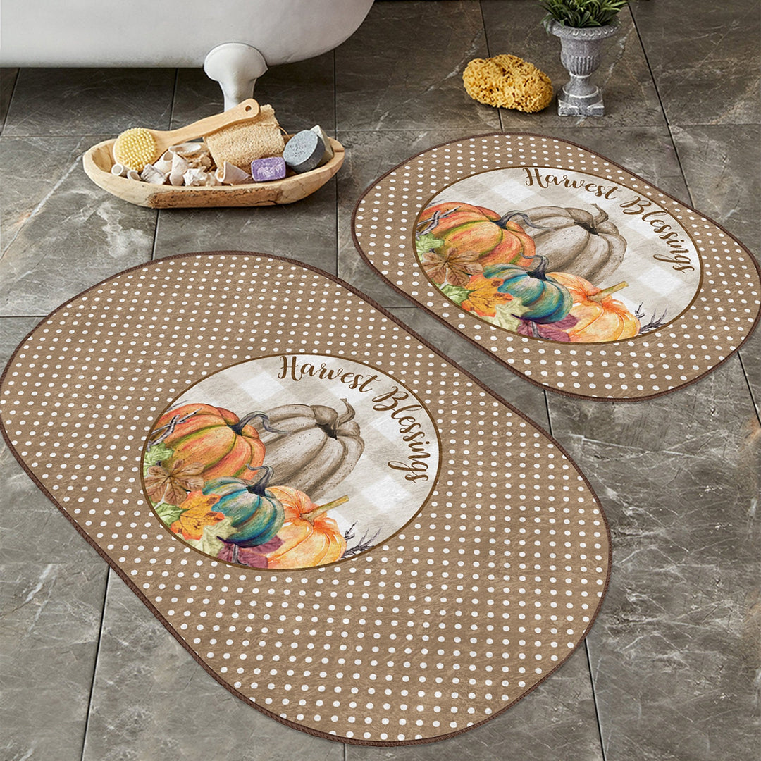 Set of 2 Fall Trend Bath Mat|Non-Slip Bathroom Decor|Autumn Bath Rug|Pumpkin Print Kitchen Floor Mat|Oval Shower and Home Entrance Carpet