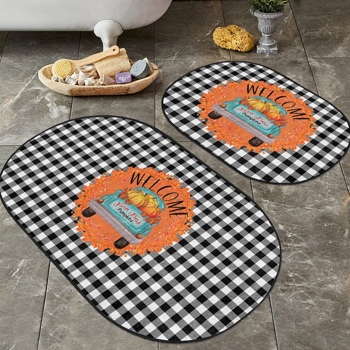 Set of 2 Fall Trend Bath Mat|Non-Slip Bathroom Decor|Autumn Bath Rug|Pumpkin Print Kitchen Floor Mat|Oval Shower and Home Entrance Carpet