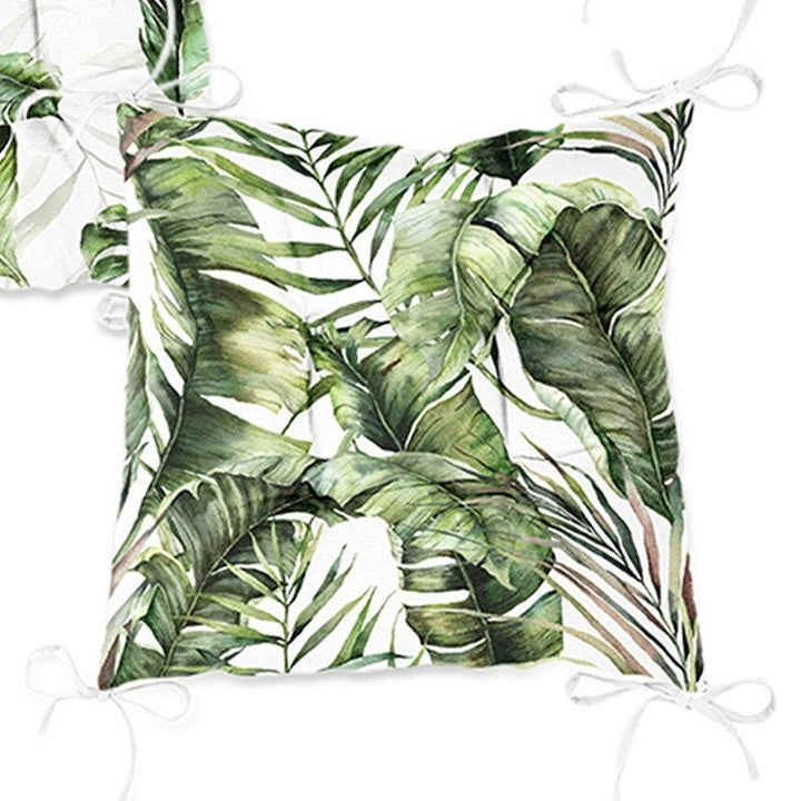 Set of 4 Puffy Chair Pads and 1 Table Runner|Tropical Leaves Chair Cushion and Tabletop Set|Green Leaves Print Seat Pad and Tablecloth