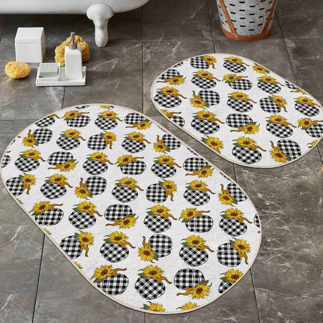 Set of 2 Fall Trend Bath Mat|Non-Slip Bathroom Decor|Autumn Bath Rug|Checkered Pumpkin Kitchen Floor Mat|Oval Shower, Home Entrance Carpet