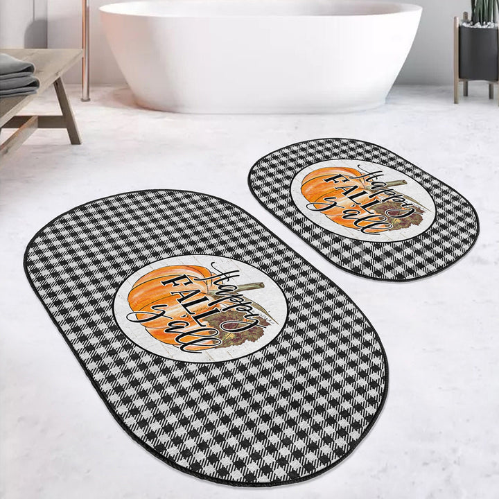 Set of 2 Fall Trend Bath Mat|Non-Slip Bathroom Decor|Autumn Bath Rug|Checkered Pumpkin Kitchen Floor Mat|Oval Shower, Home Entrance Carpet