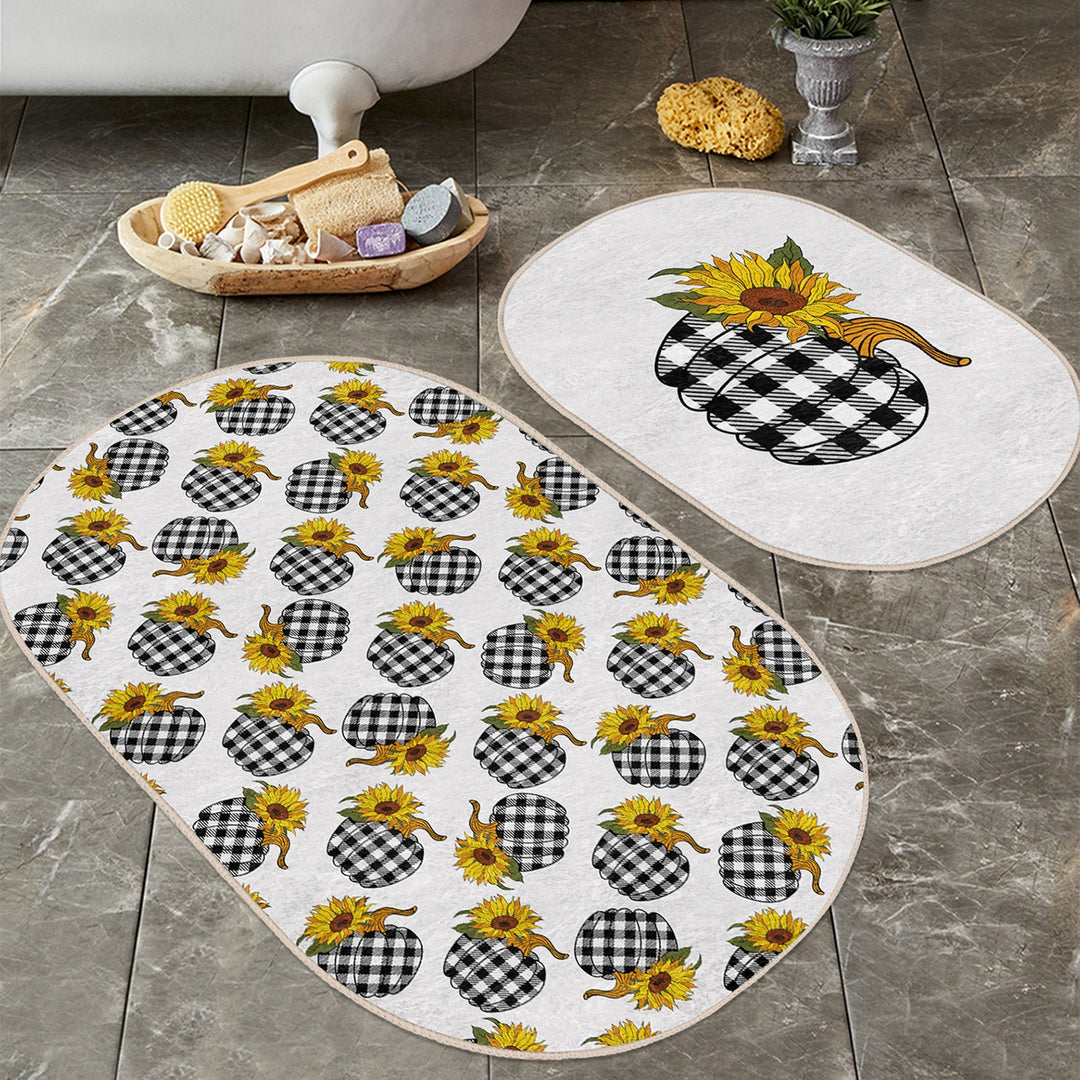 Set of 2 Fall Trend Bath Mat|Non-Slip Bathroom Decor|Autumn Bath Rug|Checkered Pumpkin Kitchen Floor Mat|Oval Shower, Home Entrance Carpet