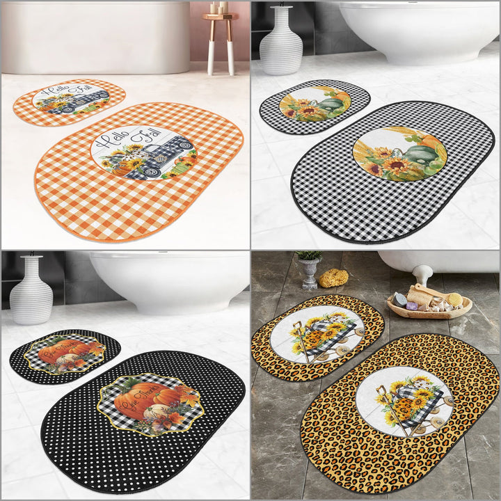 Set of 2 Hello Fall Bath Mat|Non-Slip Bathroom Decor|Autumn Bath Rug|Plaid Pumpkin Kitchen Floor Mat|Oval Shower and Home Entrance Carpet