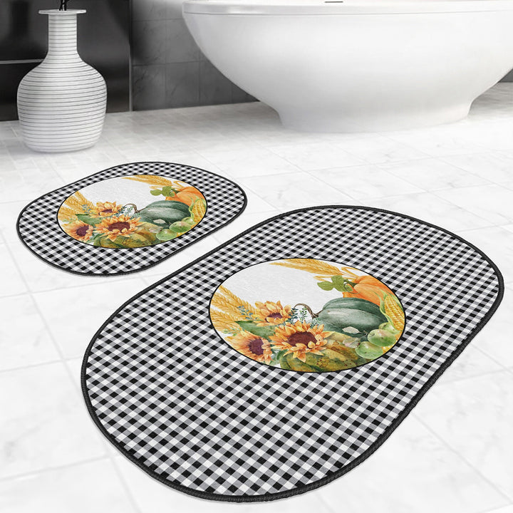 Set of 2 Hello Fall Bath Mat|Non-Slip Bathroom Decor|Autumn Bath Rug|Plaid Pumpkin Kitchen Floor Mat|Oval Shower and Home Entrance Carpet