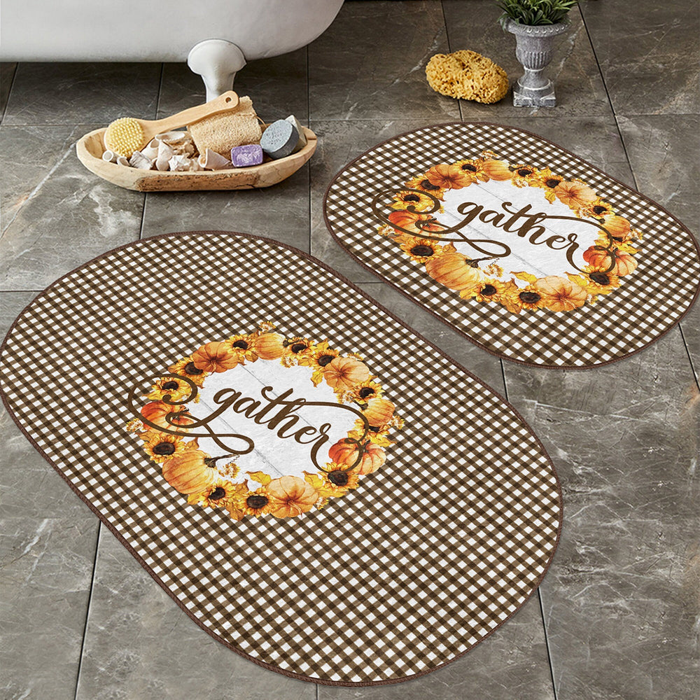 Set of 2 Thanksgiving Bath Mat|Non-Slip Bathroom Decor|Autumn Bath Rug|Fall Trend Pumpkin Kitchen Mat|Oval Shower and Home Entrance Carpet