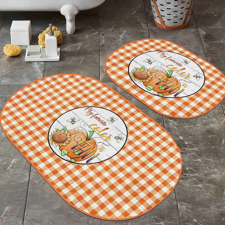 Set of 2 Thanksgiving Bath Mat|Non-Slip Bathroom Decor|Autumn Bath Rug|Fall Trend Pumpkin Kitchen Mat|Oval Shower and Home Entrance Carpet