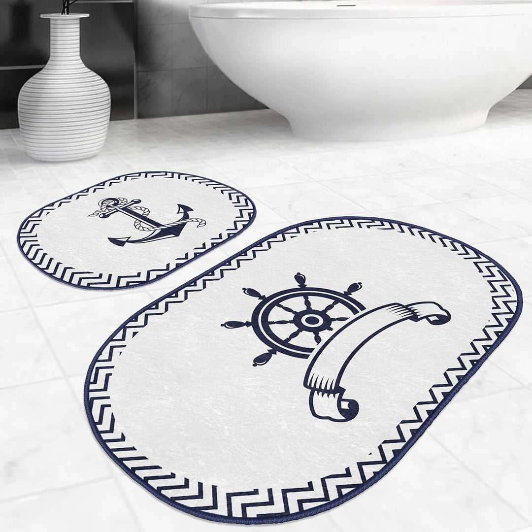 Set of 2 Nautical Bath Mat|Non-Slip Bathroom Decor|Anchor Bath Rug|Navy Marine Kitchen Floor Mat|Oval Coastal Shower Home Entrance Carpet