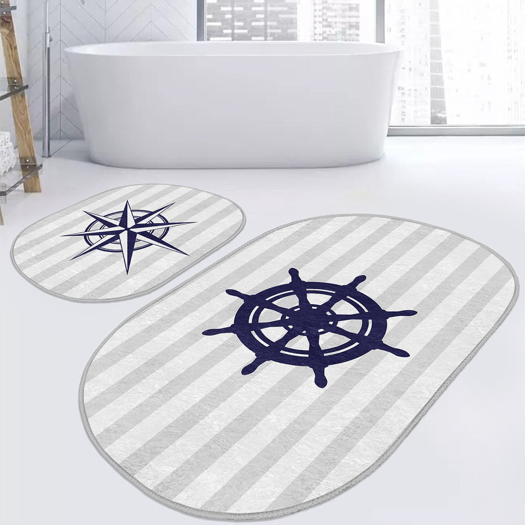 Set of 2 Nautical Bath Mat|Non-Slip Bathroom Decor|Anchor Bath Rug|Navy Marine Kitchen Floor Mat|Oval Coastal Shower Home Entrance Carpet